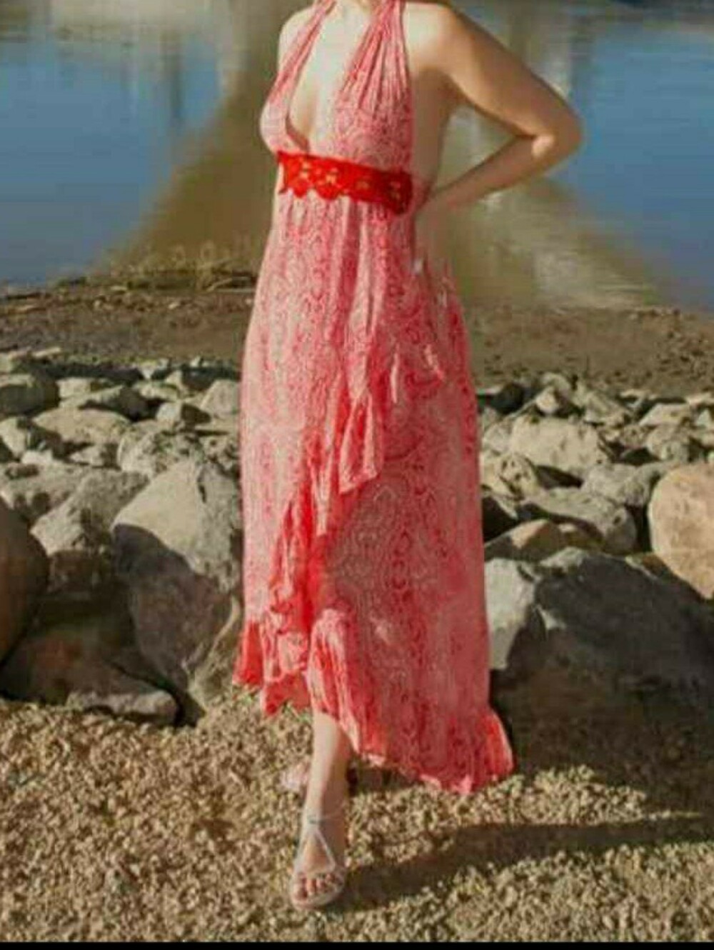 Sleeveless Coral Paisley Halter Maxi Dress with Red Waistband